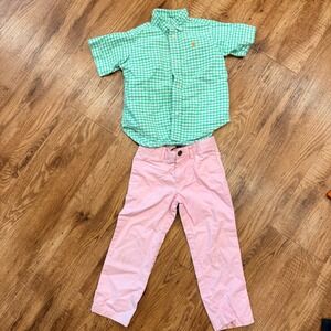 Polo Ralph Lauren Boys 3T Gingham Shirt and Pink Chino Pants Outfit Set Green